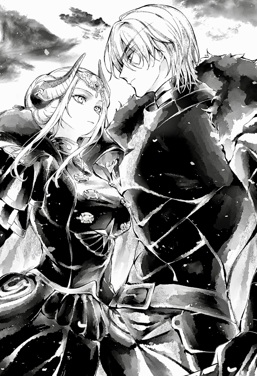1boy 1girl absurdres armor belt breasts cape closed_mouth cloud cloudy_sky collared_cape couple dated_commentary dimitri_alexandre_blaiddyd dimitri_alexandre_blaiddyd_(timeskip) dress edelgard_von_hresvelg edelgard_von_hresvelg_(timeskip) eyepatch face-to-face fake_horns fire_emblem fire_emblem:_three_houses from_side fur-trimmed_cape fur_trim hair_between_eyes hair_up headpiece highres holding holding_polearm holding_weapon horns looking_at_another looking_down looking_up medium_breasts monochrome nintendo outdoors polearm short_hair sky soma_otakuu standing weapon