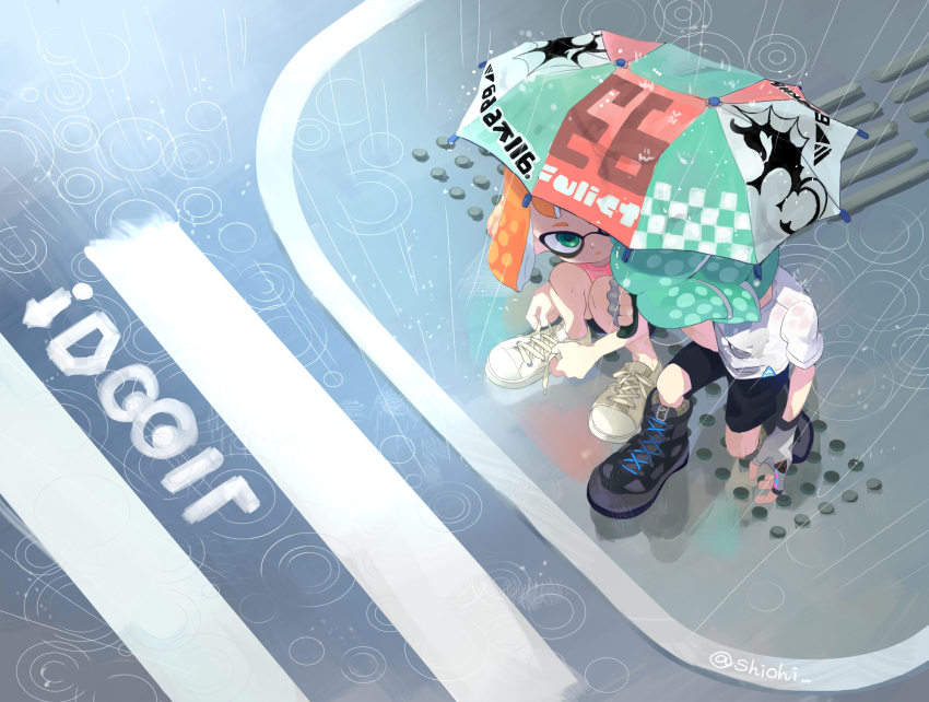 1boy 1girl black_shorts colored_tongue commentary_request crosswalk fingerless_gloves from_above full_body gloves green_eyes green_hair grey_gloves highres holding holding_umbrella inkling inkling_(language) inkling_boy inkling_girl inkling_player_character looking_at_another medium_hair nintendo orange_hair orange_tongue outdoors parted_lips pink_shirt rain shared_umbrella shiohi shirt shoes short_hair short_sleeves shorts sneakers splat_brella_(splatoon) splatoon_(series) squatting suction_cups tentacle_hair tying_footwear umbrella white_footwear white_shirt
