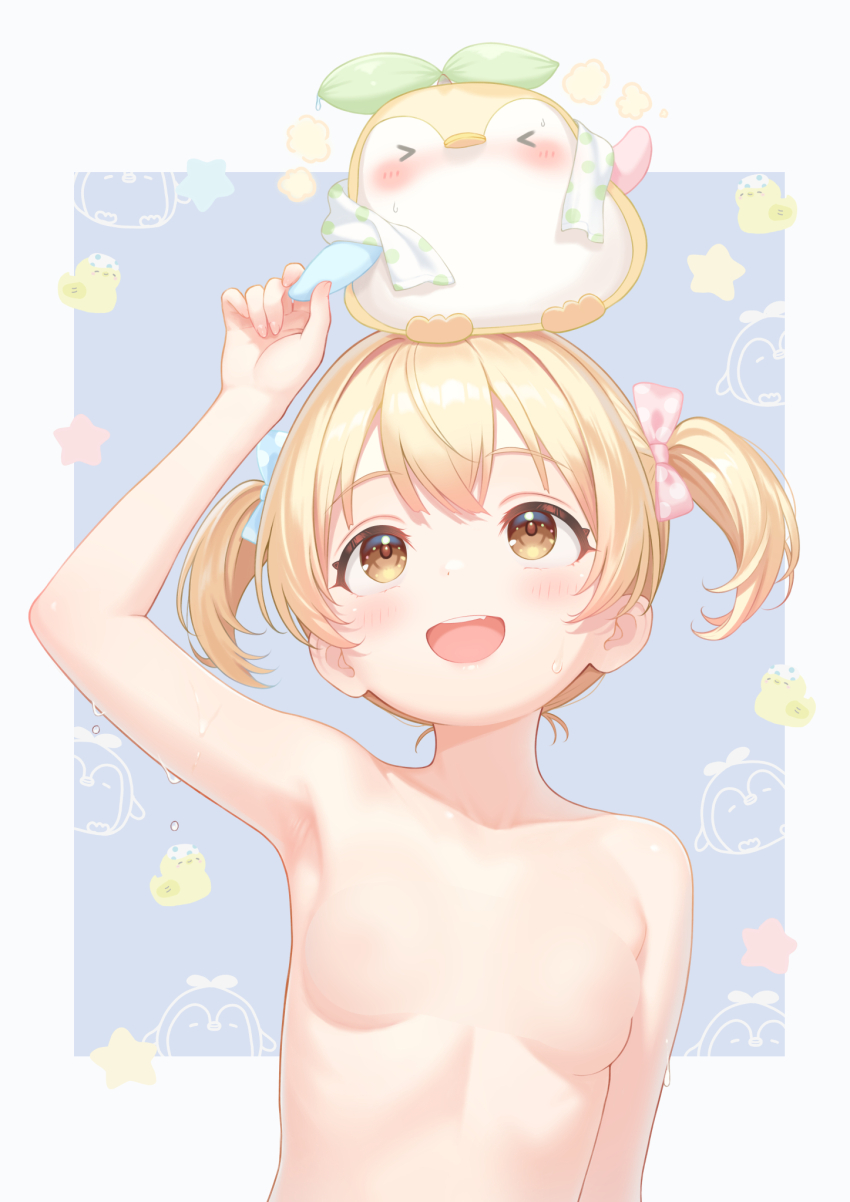1girl :d arm_up armpits bare_shoulders bird blonde_hair blue_bow blur_censor blush border bow breasts brown_eyes censored censored_nipples collarbone commentary_request dot_nose double-parted_bangs grey_border hair_bow highres loli looking_up minami_mii nude open_mouth original outside_border paid_reward_available penguin pink_bow rebun short_hair sidelocks simple_background small_breasts smile solo teeth twintails upper_body upper_teeth_only
