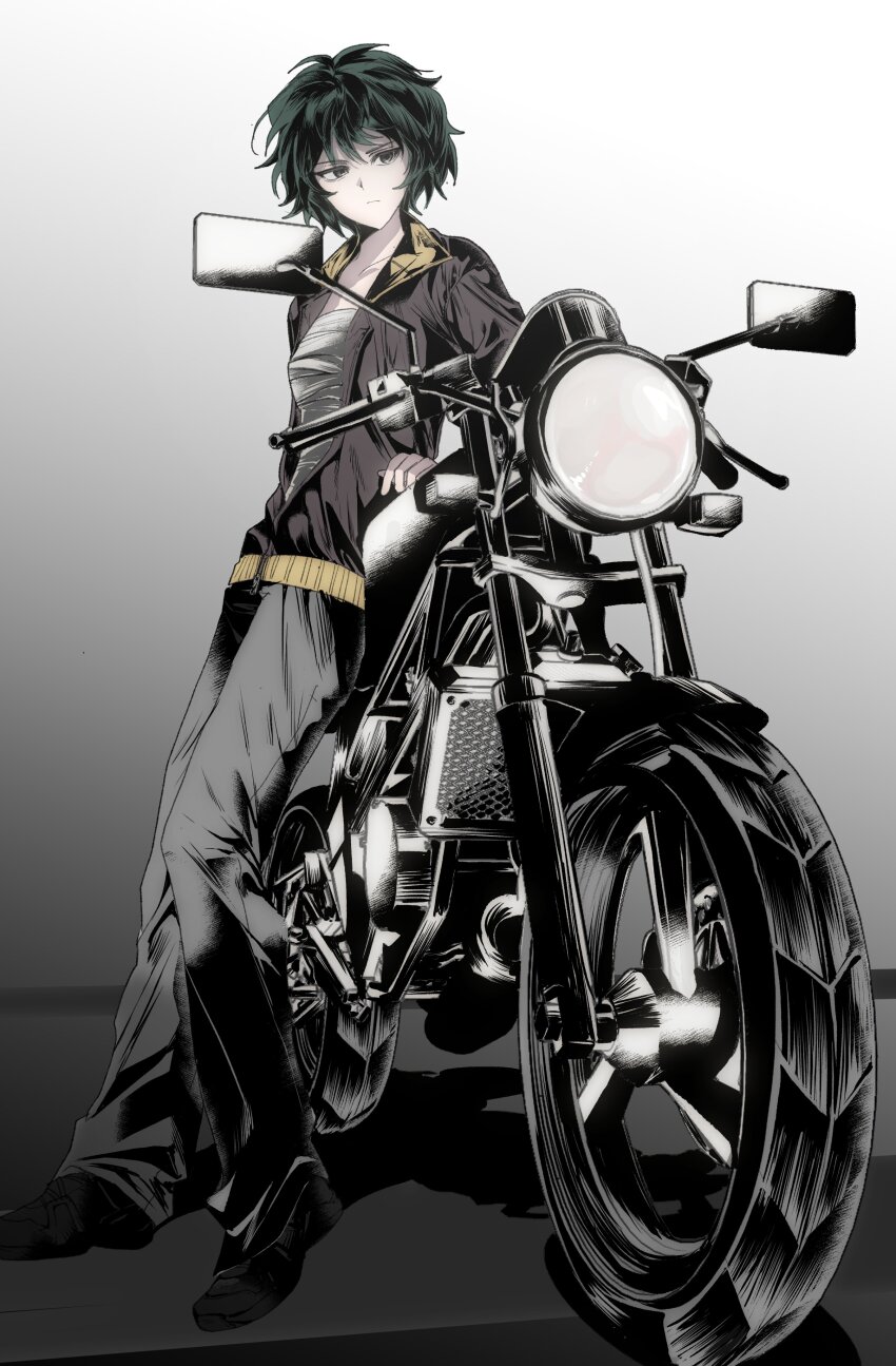 1girl absurdres black_eyes black_shoes breasts brown_jacket closed_mouth commentary_request frown full_body green_hair grey_pants highres isoi_rai jacket korean_commentary leaning motor_vehicle motorcycle open_clothes open_jacket pants popen saibou_shinkyoku sarashi shoes short_hair small_breasts solo