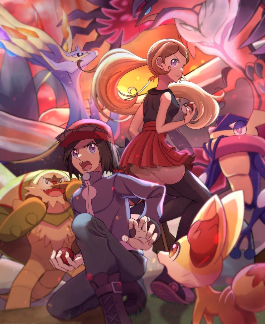 absurdres black_hair black_thighhighs blue_skin brown_hair calem_(pokemon) chesnaught colored_skin dosya_252 eyewear_on_headwear fennekin gen_6_pokemon greninja highres holding holding_poke_ball legendary_pokemon nintendo on_one_knee open_mouth pleated_skirt poke_ball poke_ball_(basic) pokemon pokemon_xy ponytail serena_(pokemon) skirt sunglasses thighhighs xerneas yveltal