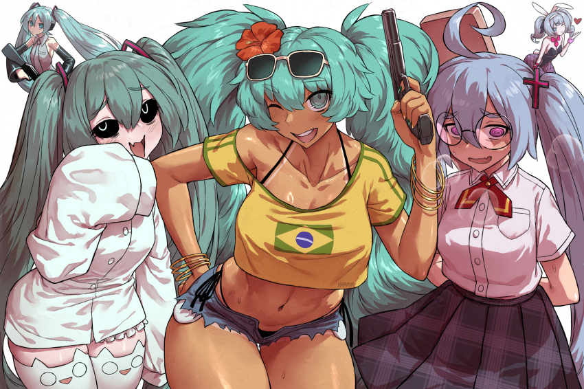 5girls @_@ animal_ear_legwear animal_ears antenna_hair aqua_eyes aqua_hair aqua_necktie black_sclera black_sleeves borrowed_clothes bracelet brazilian_flag brazilian_flag_print brazilian_miku cat_ear_legwear coke-bottle_glasses colored_sclera confessions_of_a_rotten_girl_(vocaloid) cross_hair_ornament drooling exposed_pocket eyewear_on_head fake_animal_ears fang flag_print glasses grey_shirt gun hair_ornament haraya_manawari hatsune_miku headphones highres holding holding_gun holding_weapon jewelry leotard long_hair looking_at_viewer mesugaki mimukauwa_nice_try_(vocaloid) mouth_drool multiple_bracelets multiple_girls multiple_persona necktie open_mouth pink_pupils playboy_bunny purple_eyes rabbit_hole_(vocaloid) school_uniform shirt simple_background skin_fang smile sunglasses tan tanline tanline_peek thick_thighs thighs twintails very_long_hair vocaloid weapon white_background white_shirt