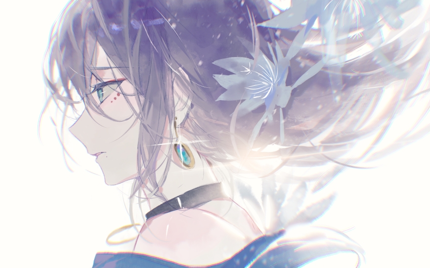 1boy absurdres androgynous ayase_mayoi bare_shoulders bishounen black_choker blue_eyes choker earrings ensemble_stars! epiphyllum facial_mark floating_hair flower from_side hair_flower hair_ornament highres jewelry long_hair looking_ahead male_focus mole mole_under_mouth open_mouth portrait profile purple_hair shoulder_blush simple_background solo white_background white_flower whiteziyanjun
