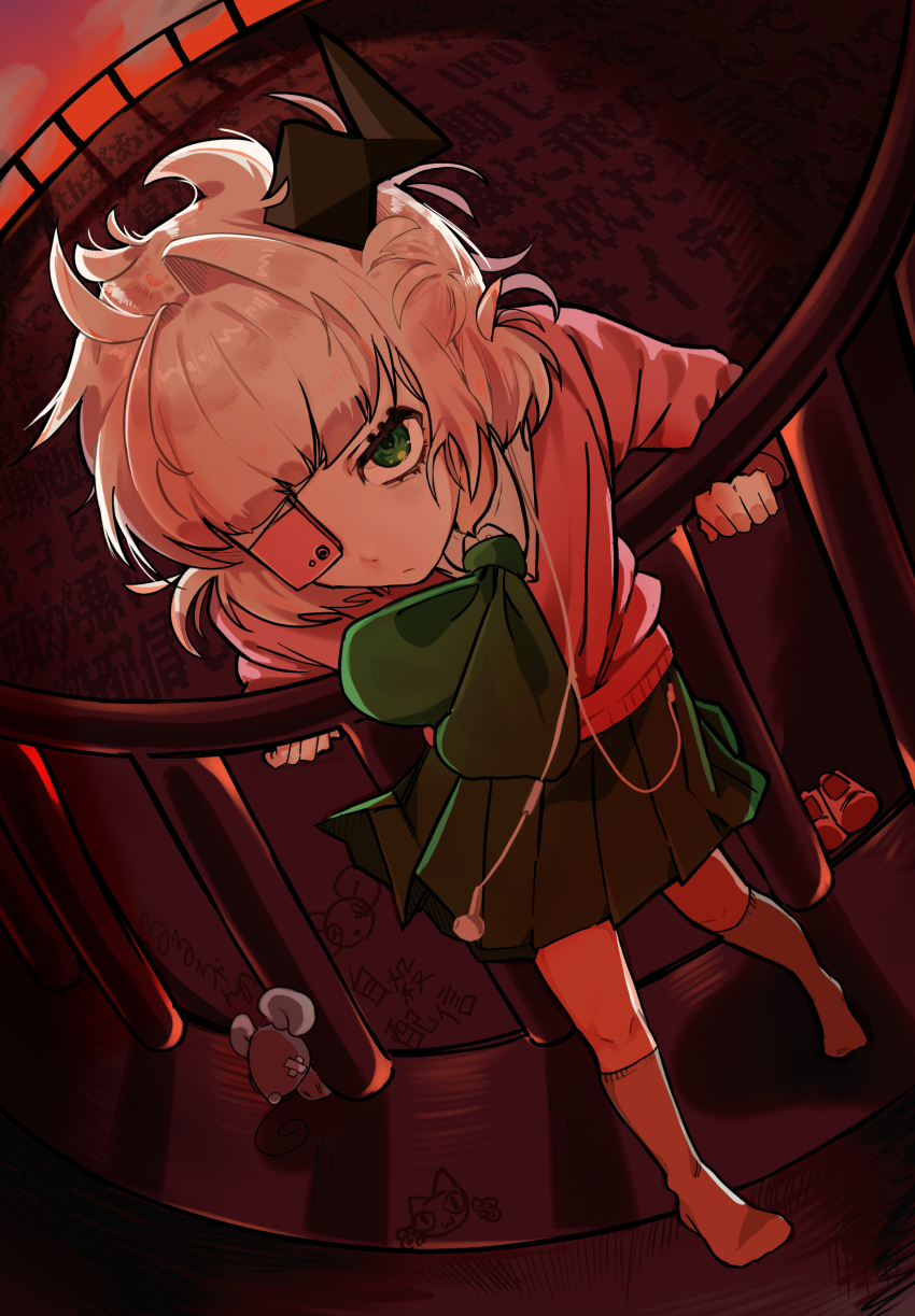 1girl against_railing bandaged_head bandages black_horns blonde_hair blunt_bangs cellphone collared_shirt dutch_angle earbuds earphones eyepatch from_above frown green_eyes green_neckerchief green_skirt highres horns imminent_jump imminent_suicide kneehighs long_sleeves looking_at_viewer miniskirt neckerchief on_rooftop phone phone_eyepatch pink_shoes pink_sweater pleated_skirt puffy_sleeves railing rooftop ruru_(shinsei_kamattechan) shinsei_kamattechan shirt shoes short_hair single_horn skirt socks stuffed_animal stuffed_mouse stuffed_toy sweater user_kenz2548 white_shirt white_socks