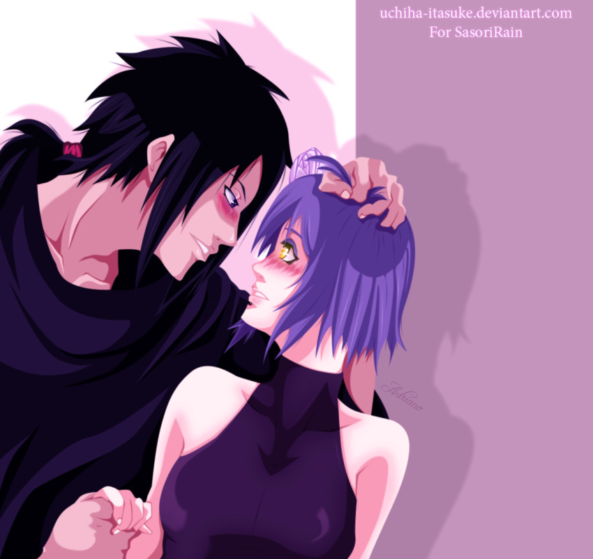 1boy 1girl bare_shoulders black_hair blue_hair blush dress eye_contact eyeshadow face_piercing flower grabbing_another&#039;s_hair hair_flower hair_ornament holding_hands konan_(naruto) labret_piercing looking_at_another makeup naruto_(series) naruto_shippuuden robertdraw sleeveless sleeveless_dress smile uchiha_izuna yellow_eyes