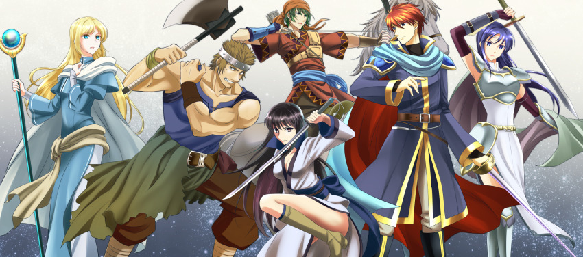 2girls 4boys armor axe bartre_(fire_emblem) black_hair blonde_hair blue_hair blue_robe bow_(weapon) cape eliwood_(fire_emblem) fire_emblem fire_emblem:_the_blazing_blade green_hair headband highres holding holding_axe holding_bow_(weapon) holding_staff holding_sword holding_weapon isadora_(fire_emblem) kakiko210 karla_(fire_emblem) katana long_hair long_sleeves lucius_(fire_emblem) multiple_boys multiple_girls muscular muscular_male nintendo orange_headband rapier rath_(fire_emblem) red_cape red_hair robe short_hair shoulder_armor staff sword weapon