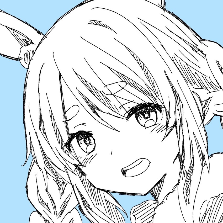 1girl animal_ear_fluff animal_ears blue_background braid commentary_request hair_between_eyes highres hololive kiritoma looking_at_viewer monochrome open_mouth portrait rabbit-shaped_pupils rabbit_ears short_eyebrows simple_background solo symbol-shaped_pupils thick_eyebrows twin_braids twintails usada_pekora virtual_youtuber