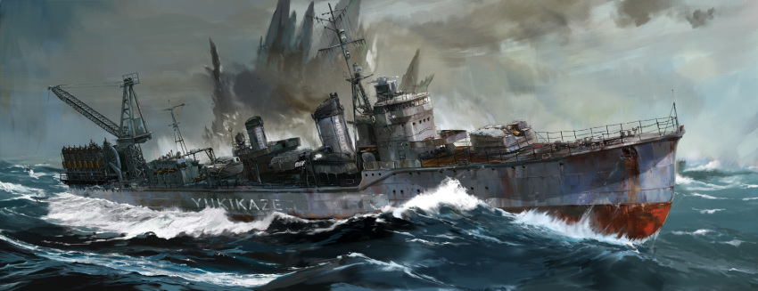 day destroyer dinosaur giant giant_monster godzilla godzilla_(minus_one) godzilla_(series) godzilla_minus_one highres kaiju mast military military_vehicle monster ocean outdoors overcast sea_monster ship sky smokestack spikes spines takeshima_satoshi toho vehicle_focus warship watercraft waves yukikaze_(destroyer)