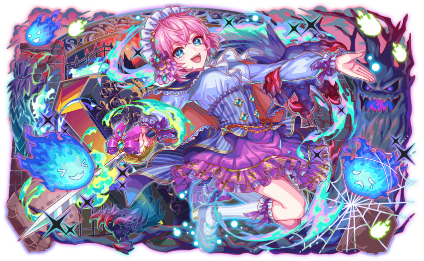 &gt;_&lt; 4others aqua_eyes aqua_fire aqua_shoes beads blue_cape blue_corset blue_fire blue_stripes blush bow cape cel_shading chain character_request claws coffin corset crash_fever disembodied_hand epee fence fire fireball floating footwear_bow frills full_body game_cg gathers gold_chain gradient_outline graveyard green_fire green_outline hair_between_eyes happy high_heels jewelry kneehighs lace-trimmed_cape light_particles long_sleeves mary_janes multiple_others official_art open_mouth outline outstretched_arms pendant pink_eyebrows pink_hair purple_bow purple_eyes purple_ribbon purple_skirt red_outline ribbon ribbon_legwear sad saturated shirt shoes short_hair silk skirt sleeve_cuffs sleeve_ribbon socks solo_focus sparkle spider_web spread_arms striped_cape striped_clothes striped_socks tachi-e teardrop teeth tongue transparent transparent_background tree two-sided_cape two-sided_fabric underbust upper_teeth_only vertical-striped_clothes vertical-striped_corset vertical-striped_socks white_headdress white_shirt white_sleeve_cuffs white_socks