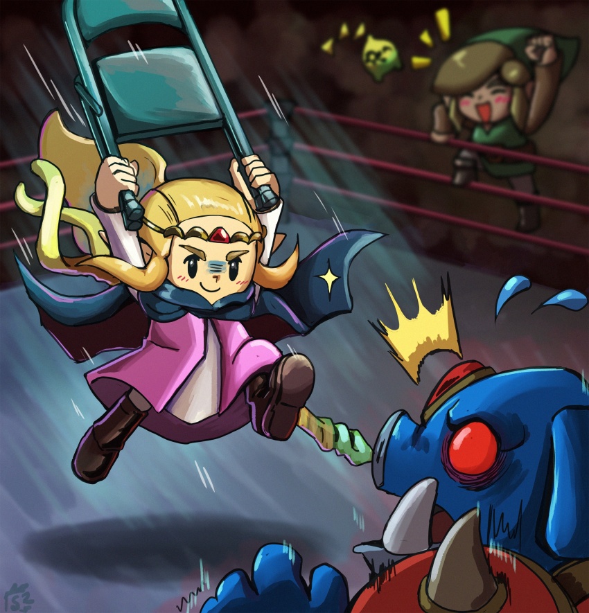 cape chair folding_chair ganon highres link nintendo princess_zelda stoic_seraphim the_legend_of_zelda the_legend_of_zelda:_echoes_of_wisdom tri_(zelda) wrestling_ring