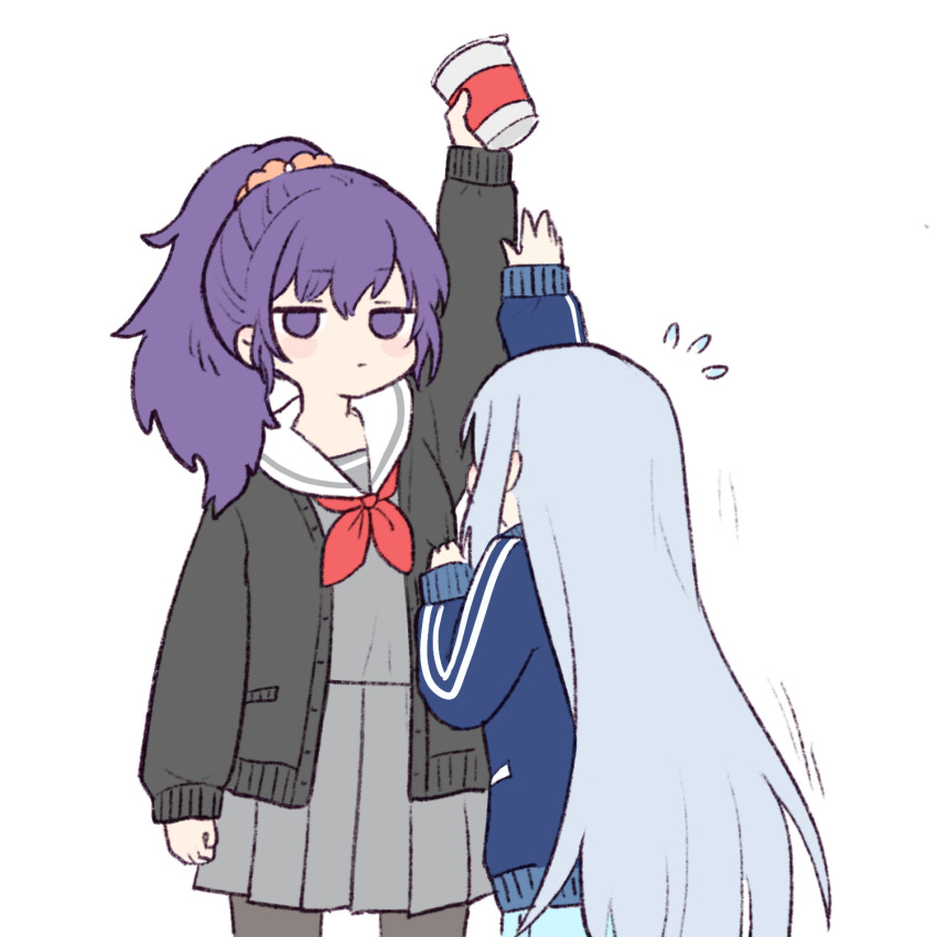132_(bb32768) 2girls arm_at_side arm_up asahina_mafuyu black_cardigan blue_hair cardigan chinese_commentary closed_mouth commentary_request cropped_legs cup_ramen flying_sweatdrops food grey_shirt grey_skirt hand_up height_difference highres holding holding_food jacket light_blue_hair long_hair long_sleeves miyamasuzaka_girls&#039;_academy_school_uniform multiple_girls neckerchief open_cardigan open_clothes pantyhose ponytail project_sekai purple_eyes purple_hair reaching red_neckerchief sailor_collar school_uniform serafuku shirt simple_background skirt track_jacket very_long_hair white_background white_sailor_collar yoisaki_kanade