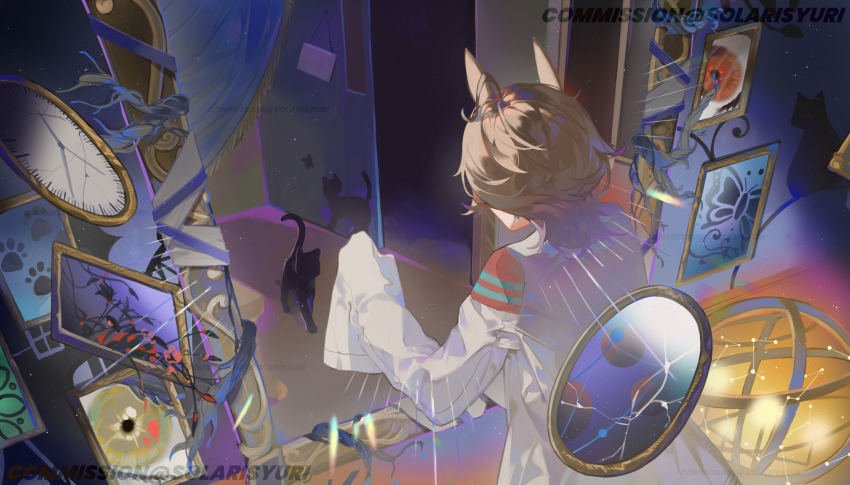 1girl agnes_tachyon_(umamusume) ahoge animal_ears black_cat broken_mirror brown_hair cat celestial_globe clock coat highres horse_ears horse_girl lab_coat medium_hair mirror picture_frame plant solarisyuri! solo twitter_username umamusume variant_set vines watermark white_coat