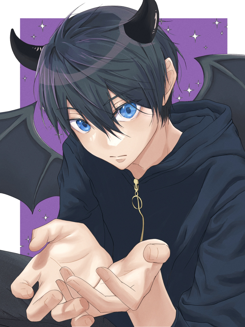 1boy bat_wings black_hair blue_eyes border closed_mouth commentary eru_(frfrharuka) fingernails free! hair_between_eyes highres horns long_sleeves male_focus nanase_haruka_(free!) outside_border solo star_(symbol) upper_body white_border wings zipper zipper_pull_tab