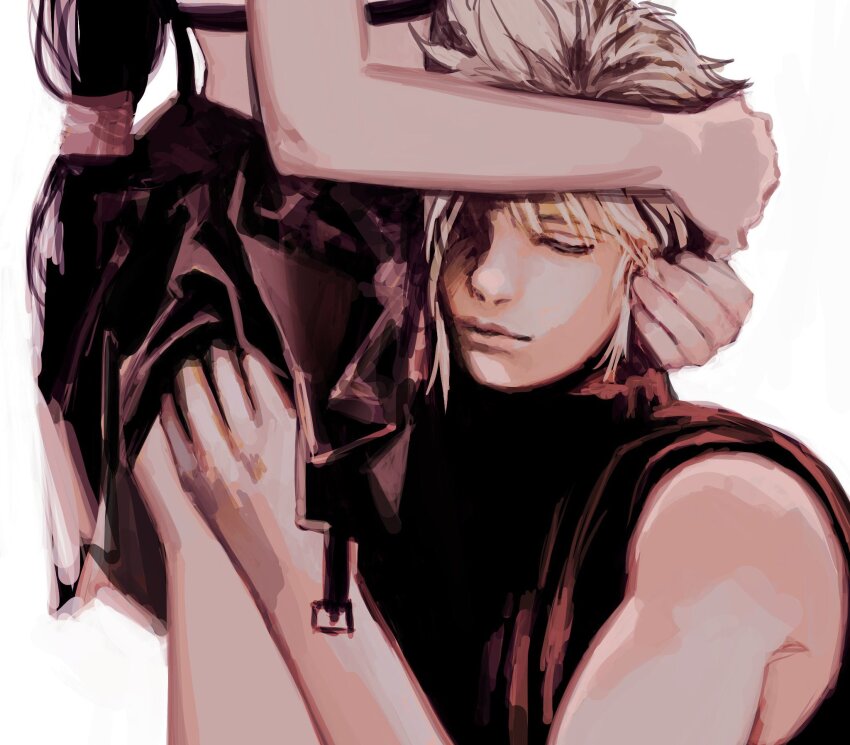 1boy 1girl ass ass_peek bare_arms bare_legs bare_shoulders black_hair black_skirt blonde_hair closed_eyes closed_mouth clothes_lift cloud_strife comforting commentary couple crop_top final_fantasy final_fantasy_vii final_fantasy_vii_remake from_side hand_on_another&#039;s_ass hands_on_another&#039;s_head head_on_another&#039;s_stomach hetero highres hug lips long_hair low-tied_long_hair lower_body midriff miniskirt short_hair skirt skirt_lift sleeveless sleeveless_turtleneck spiked_hair square_enix suspender_skirt suspenders sweater symbol-only_commentary tank_top thighs tifa_lockhart tori_(labyrinth_fft) turtleneck turtleneck_sweater upper_body white_background