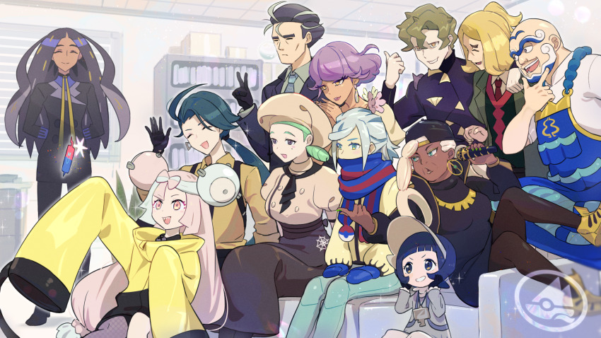 5boys 6+girls ahoge backwards_hat black_gloves blonde_hair blue_mittens brassius_(pokemon) buttons character_hair_ornament closed_eyes closed_mouth collared_shirt commentary_request couch dark-skinned_female dark_skin earrings facial_hair geeta_(pokemon) gloves green_hair green_pants grusha_(pokemon) hair_ornament hand_on_own_chin hand_up hassel_(pokemon) hat highres hsin iono_(pokemon) jacket jewelry katy_(pokemon) kofu_(pokemon) larry_(pokemon) long_hair mittens multiple_boys multiple_girls necktie nintendo pants pokemon pokemon_sv poppy_(pokemon) purple_hair purple_jacket rika_(pokemon) ryme_(pokemon) scarf shirt short_hair sitting skirt smile stroking_own_chin suspenders tulip_(pokemon) v yellow_jacket