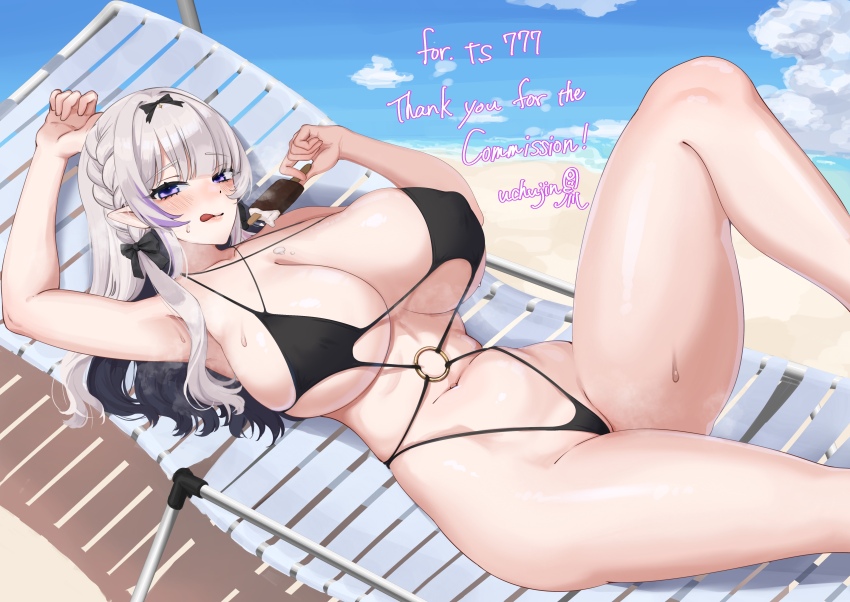 1girl :q absurdres arm_up armpits artist_name beach bikini black_bikini black_bow black_hair blue_sky blush bow breasts cloud cloudy_sky colored_inner_hair commentary_request commission cowboy_shot day english_text food food_on_body food_on_breasts hair_bow hands_up highres holding holding_food holding_popsicle huge_breasts knees_up long_hair looking_at_viewer lying micro_bikini multicolored_hair navel nijisanji o-ring o-ring_bikini ocean on_back pointy_ears popsicle purple_eyes rhea_(virtuareal) sand skeb_commission skindentation sky solo string_bikini swimsuit thank_you thong_bikini tongue tongue_out uchujin_416 virtual_youtuber virtuareal white_hair