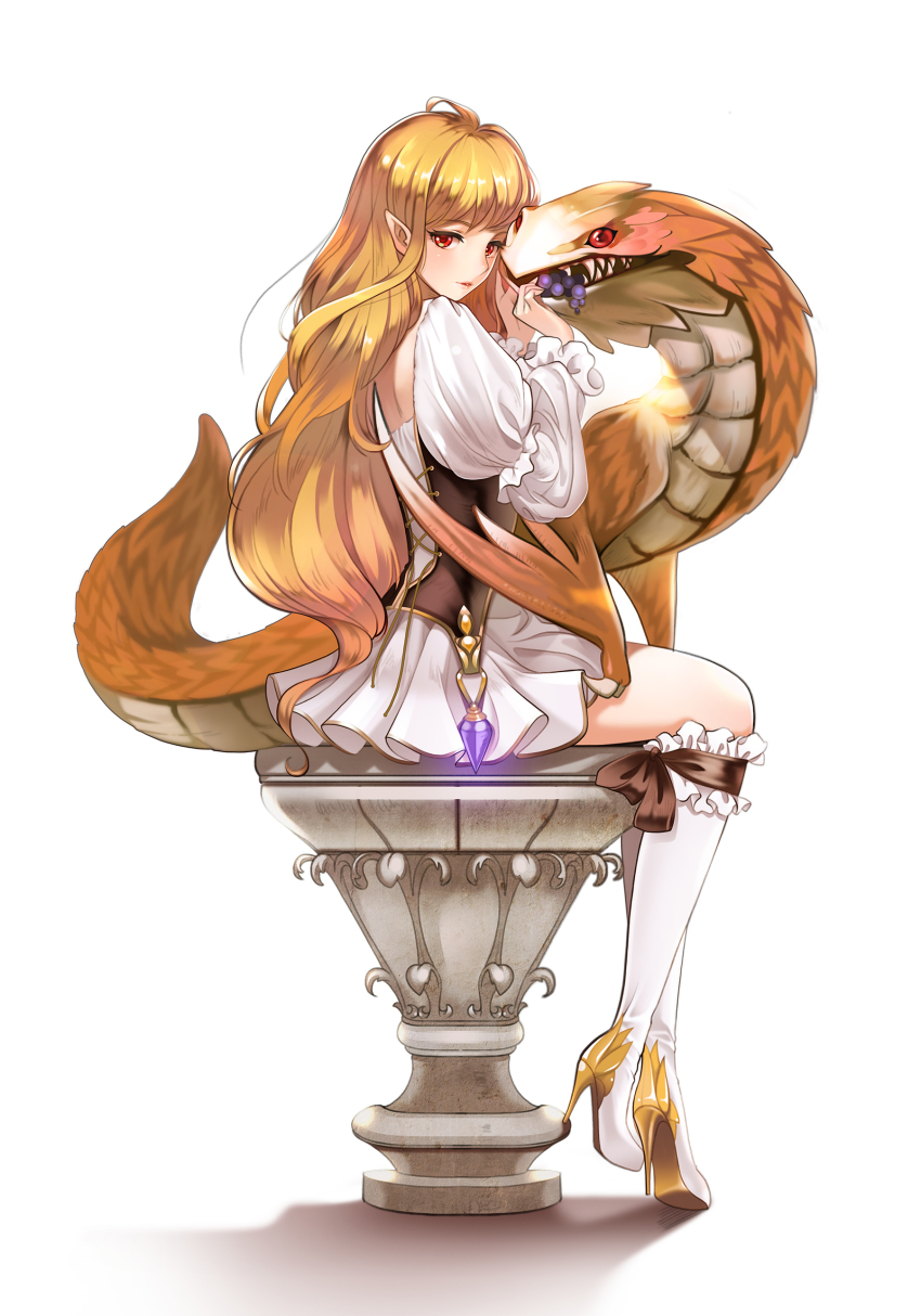 1girl absurdres backless_dress backless_outfit bad_id bad_pixiv_id blonde_hair boots closed_mouth corset dress female_focus food from_side fruit gem grapes high_heel_boots high_heels highres knee_boots kneehighs long_hair long_sleeves looking_at_viewer looking_back miyaza original pedestal pointy_ears puffy_long_sleeves puffy_sleeves red_eyes serpent simple_background sitting skirt socks solo stiletto_heels very_long_hair wavy_hair white_background white_skirt white_socks