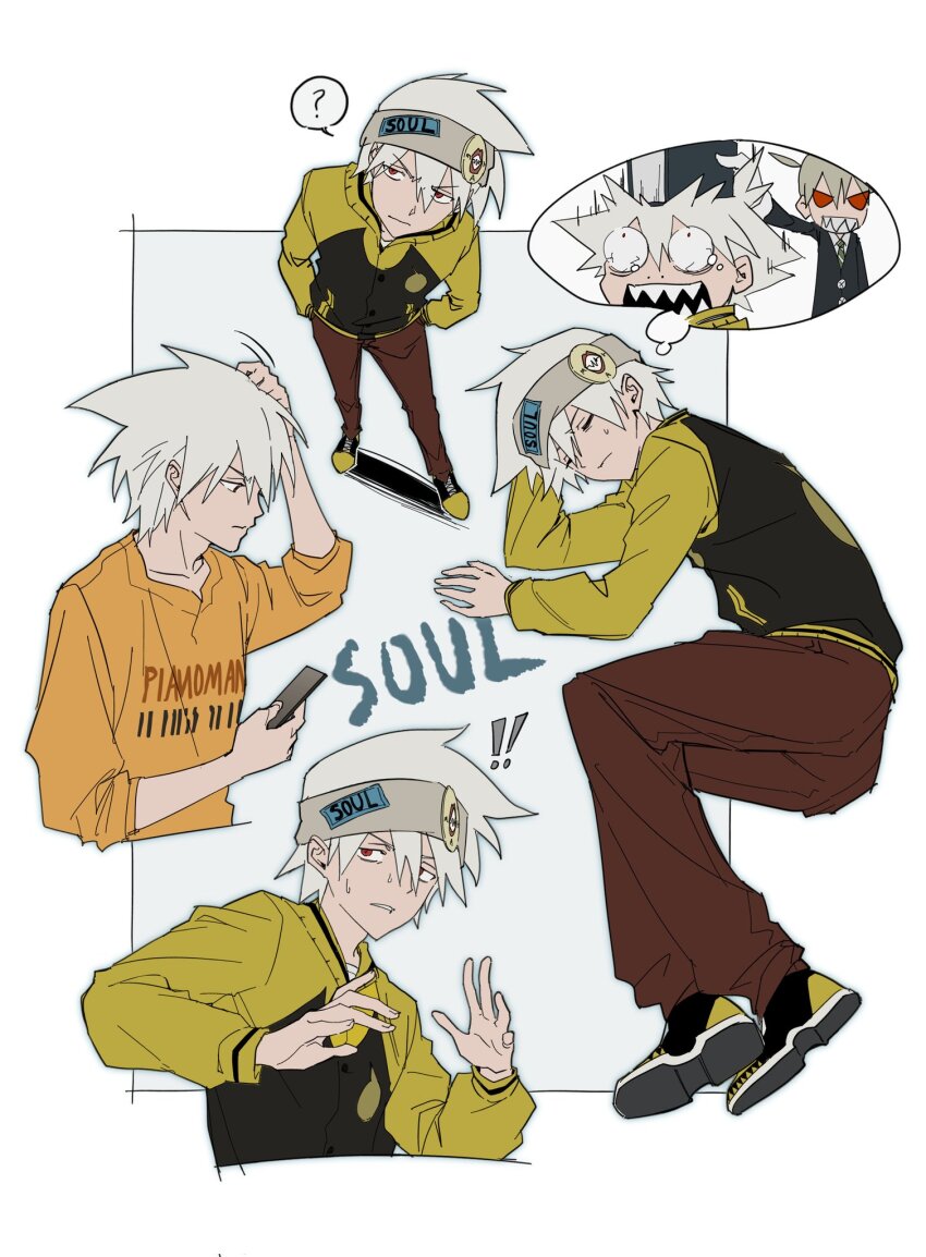 ! !! 1boy ? book cellphone cgvske1003 character_name closed_eyes closed_mouth clothes_writing dreaming grey_headband hand_on_own_head headband highres holding holding_book holding_phone long_sleeves lying maka_albarn male_focus multiple_views on_back open_mouth pants phone red_eyes sharp_teeth shoes simple_background soul_eater soul_evans spiked_hair spoken_question_mark sweat teeth