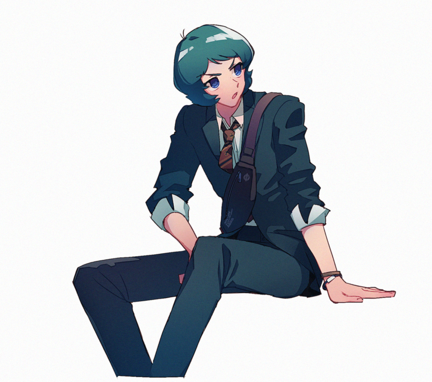 1boy :o alternate_costume between_legs black_bag blue_eyes blue_hair blue_jacket blue_pants bracelet brown_bracelet collared_shirt cropped_legs diagonal-striped_clothes diagonal-striped_necktie fanny_pack film_grain gundam hand_between_legs hand_rest highres jacket jewelry kamille_bidan knees_apart_feet_together looking_afar male_focus necktie pants pin_(penco_co) red_necktie shirt short_hair simple_background sitting solo striped_clothes striped_necktie white_background white_shirt zeta_gundam
