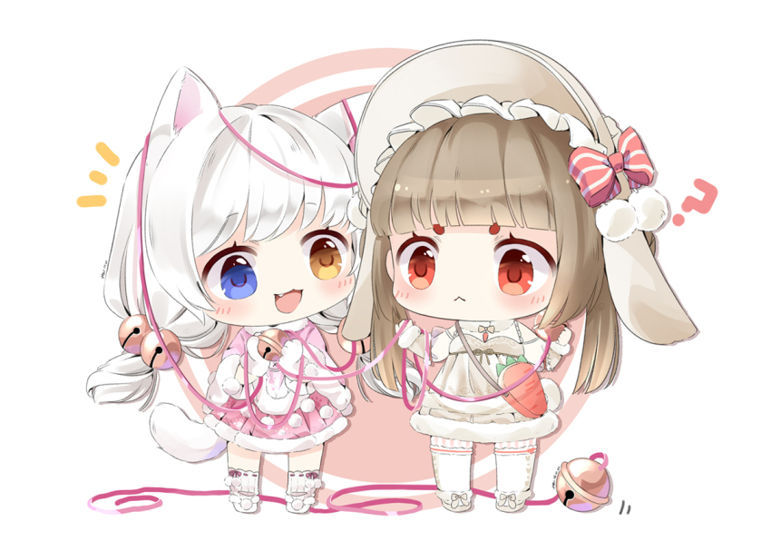 2girls :&lt; ? animal_ears animal_hands apron bag bare_shoulders bell blue_eyes blunt_bangs bonnet bow bow_legwear bowtie brown_hair capelet carrot_bag cat_ears cat_girl cat_tail chibi circle closed_mouth confused detached_sleeves dress eyelashes fang fluffy_lop_(miracle_nikki) footwear_bow frilled_headwear frown fur-trimmed_capelet fur-trimmed_dress fur-trimmed_shoes fur-trimmed_sleeves fur_scarf fur_trim gloves grey_bow grey_bowtie grey_ribbon grey_shoes hair_bell hair_bow hair_intakes hair_ornament happy heart heart_print heterochromia holding holding_bell holding_ribbon jingle_bell jingle_kitty_(miracle_nikki) kexi_shi_ge_hentai kneehighs layered_legwear light_blush long_hair long_sleeves looking_at_another lop_rabbit_ears low_twintails miracle_nikki motion_lines multiple_girls nikki_(series) notice_lines orange_bag pantyhose paw_gloves pink_bow pink_capelet pink_dress pleated_dress pom_pom_(clothes) pom_pom_hair_ornament rabbit_ears rabbit_girl rabbit_tail red_bow red_eyes ribbon ribbon-trimmed_socks ribbon_trim scarf shoes short_dress short_twintails shoulder_bag signature sleeveless sleeveless_dress socks spaghetti_strap standing straight_hair striped_bow striped_clothes striped_pantyhose striped_socks tail tareme thighhighs twintails vertical-striped_clothes vertical-striped_pantyhose vertical-striped_socks waist_apron white_apron white_background white_bonnet white_bow white_dress white_gloves white_hair white_pantyhose white_scarf white_shoes white_sleeves white_socks white_thighhighs yellow_eyes