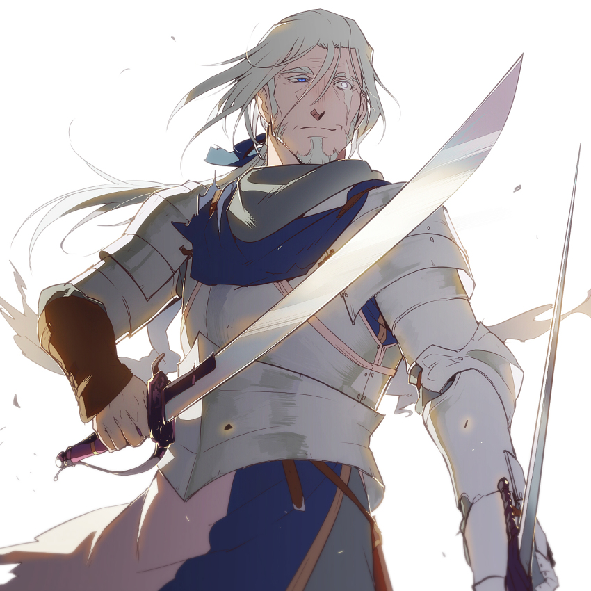 1boy arm_armor armor armored_gloves blue_eyes blue_tunic breastplate dappled_sunlight dual_wielding facial_hair facing_to_the_side goatee grey_hair grey_shirt gurast highres holding holding_sword holding_weapon knight light_particles light_smile long_hair looking_to_the_side male_focus mature_male old old_man original partially_blind ponytail scar scar_on_face shirt shoulder_armor shoulder_pads sideburns sunlight sword tunic weapon white_background white_beard