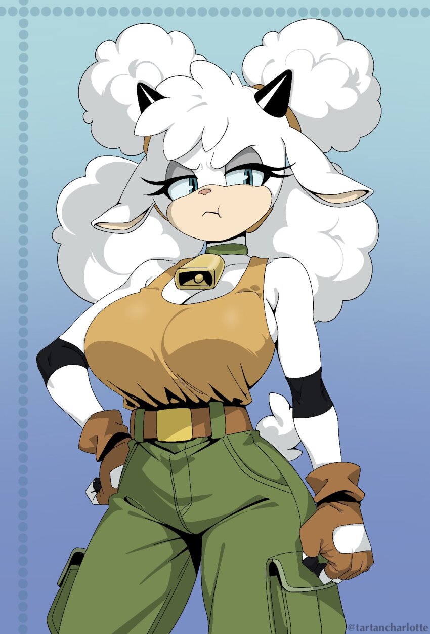 bell breasts cargo_pants cowbell fingerless_gloves floppy_ears fluffy gloves highres lanolin_the_sheep large_breasts pants pout sheep simple_background sonic_(series) sonic_the_hedgehog_(idw) tank_top tartancharlotte