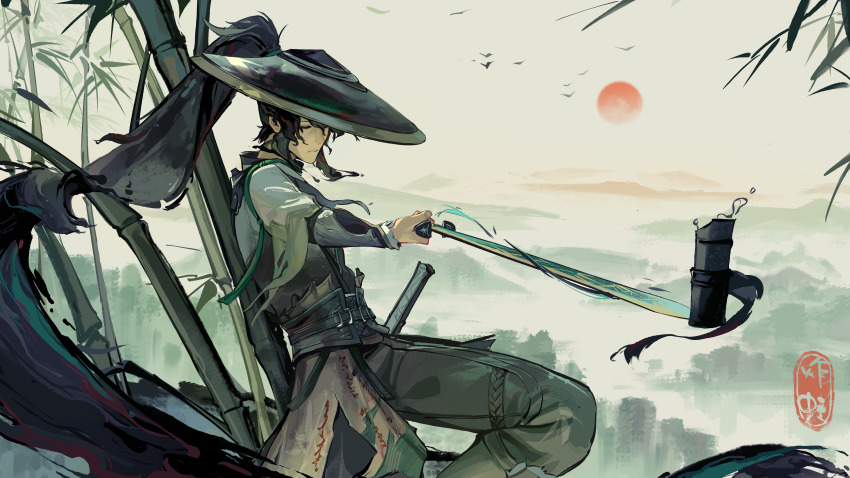 1boy absurdres arm_armor bamboo black_hair black_hat cloak closed_eyes closed_mouth commentary_request fried_frog grey_pants hat highres holding holding_sword holding_weapon leaning_back leaning_on_object long_hair male_focus pants partial_commentary ponytail qiuyuan_(wuthering_waves) solo sword weapon white_cloak wuthering_waves