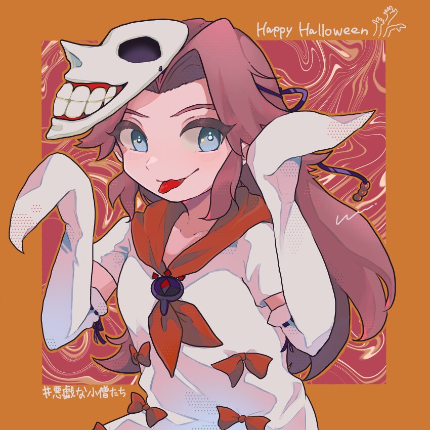 1girl absurdres ascot blue_eyes bow brooch collarbone cosplay dead_hand dead_hand_(cosplay) elbow_gloves english_text gloves halloween_costume highres japanese_text jewelry lens_of_truth long_hair malon mask mask_on_head nintendo orange_background red_hair smile solo the_legend_of_zelda the_legend_of_zelda:_ocarina_of_time tongue tongue_out upper_body wu_longcha