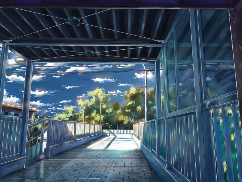 blue_sky bridge building cloud commentary_request day fence highres lamppost no_humans original pedestrian_bridge plant power_lines qdsn scenery shade sky stairs sunlight tree