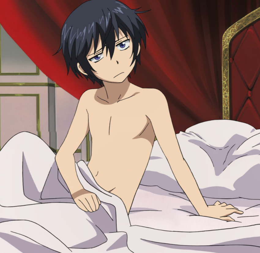 1boy anime_screenshot bed bed_sheet bedroom highres livius_orvinus_ifriqiyah male_focus nude pillow purple_eyes shota soredemo_sekai_wa_utsukushii stitched third-party_edit