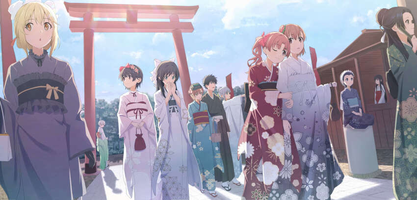 2boys 6+girls :o ;) absurdres accelerator_(toaru_majutsu_no_index) aqua_kimono bag black_hair black_kimono blonde_hair blue_kimono blue_sky bow brown_eyes brown_hair building cloud commentary_request day floral_print flower frilled_kimono frills green_eyes green_kimono hair_bow hair_flower hair_ornament hand_fan head-mounted_display head_wreath highres himegami_aisa holding holding_bag holding_fan index_(toaru_majutsu_no_index) japanese_clothes kamijou_touma kimono kongou_mitsuko last_order_(toaru_majutsu_no_index) long_sleeves misaka_imouto misaka_mikoto multiple_boys multiple_girls new_year one_eye_closed outdoors parted_lips pension_z print_kimono red_bow red_kimono sandals saten_ruiko shirai_kuroko shokuhou_misaki sitting sky smile spiked_hair standing toaru_kagaku_no_railgun toaru_majutsu_no_index torii tsuchimikado_maika twintails uiharu_kazari walking white_kimono wide_sleeves