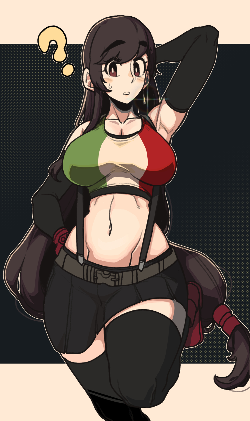 1girl absurdres black_gloves black_hair black_skirt black_thighhighs breasts brown_eyes crop_top elbow_gloves final_fantasy final_fantasy_vii gloves highres italian_flag italian_senate_porn_livestream_(meme) italian_senate_porn_livestream_(meme) large_breasts long_hair looking_at_viewer masgamjya meme navel skirt suspender_skirt suspenders sweatdrop thighhighs tifa_lockhart very_long_hair
