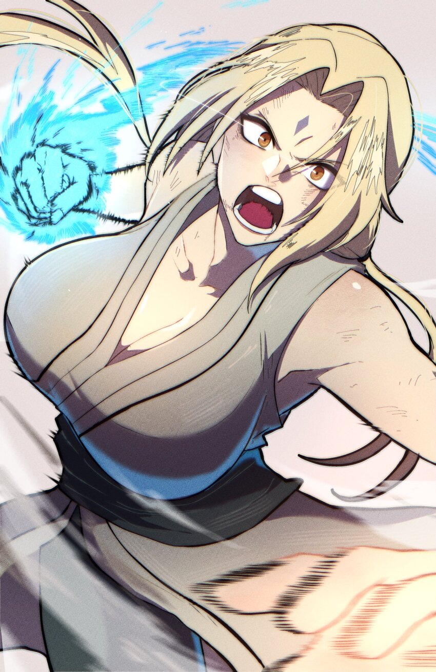 1girl bare_shoulders blonde_hair breasts cleavage cropped_legs facial_mark grey_kimono highres imminent_punch japanese_clothes kimono large_breasts long_hair naruto_(series) open_mouth simple_background thatamaan tsunade_(naruto)