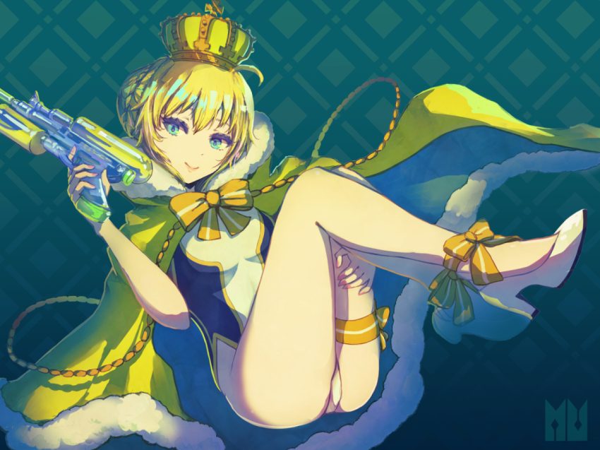 1girl artoria_pendragon_(fate) artoria_pendragon_(swimsuit_archer)_(fate) artoria_pendragon_(swimsuit_archer)_(third_ascension)_(fate) ass bad_id bad_pixiv_id blonde_hair blue_cloak blue_eyes blush bow breasts cloak closed_mouth commentary crown fate/grand_order fate_(series) female_focus fingernails full_body fur-trimmed_cloak fur-trimmed_hood fur_trim green_crown hair_between_eyes hand_up head_tilt high_heels holding hood hood_down hood_up looking_at_viewer medium_breasts mini_crown minyom one-piece_swimsuit revision shoes smile solo striped_bow swimsuit water_gun white_one-piece_swimsuit white_shoes yellow_bow yellow_cloak