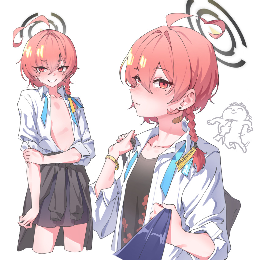 1boy 1girl ahoge bag bandaid bandaid_on_neck black_skirt blue_archive braid clothes_around_waist clothes_grab commentary doodle_sensei_(blue_archive) floral_print_shirt grin hair_between_eyes halo highres holding holding_bag holding_own_arm jacket jacket_around_waist long_hair mole mole_under_eye multiple_views neck_ribbon necktie necktie_grab neckwear_grab neru_(blue_archive) neru_(school_uniform)_(blue_archive) official_alternate_costume open_clothes open_shirt orange_hair pleated_skirt red_eyes ribbon school_uniform sensei_(blue_archive) shirt simple_background single_braid skirt sleeves_rolled_up smile sweat tomo22 unbuttoned unbuttoned_shirt undershirt undone_neck_ribbon white_background white_shirt wristband