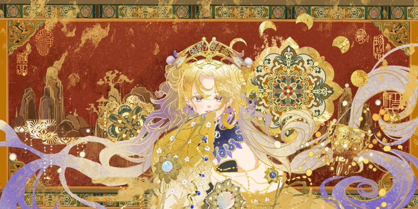 1girl absurdres blonde_hair border double_bun floating_hair hair_bun hand_up highres jin&#039;ou-yonggu_bei_(wuhua_mixin) looking_at_viewer moon_phases ornate_border purple_eyes red_background seal_impression seal_script sijiu_49 sleeves_past_fingers sleeves_past_wrists solo upper_body wide_sleeves wuhua_mixin yellow_sleeves