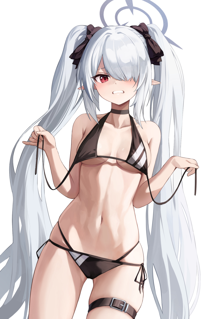 1girl bare_arms bare_shoulders bikini black_bikini black_choker blue_archive bow breasts cameltoe choker clenched_teeth collarbone cowboy_shot hair_bow hair_over_one_eye halo halterneck highres iori_(blue_archive) iori_(swimsuit)_(blue_archive) long_hair looking_at_viewer medium_breasts multi-strapped_bikini_bottom navel pointy_ears rable red_eyes side-tie_bikini_bottom simple_background skindentation solo standing stomach string_bikini swimsuit teeth thigh_strap thighs twintails untied_bikini very_long_hair white_background white_hair