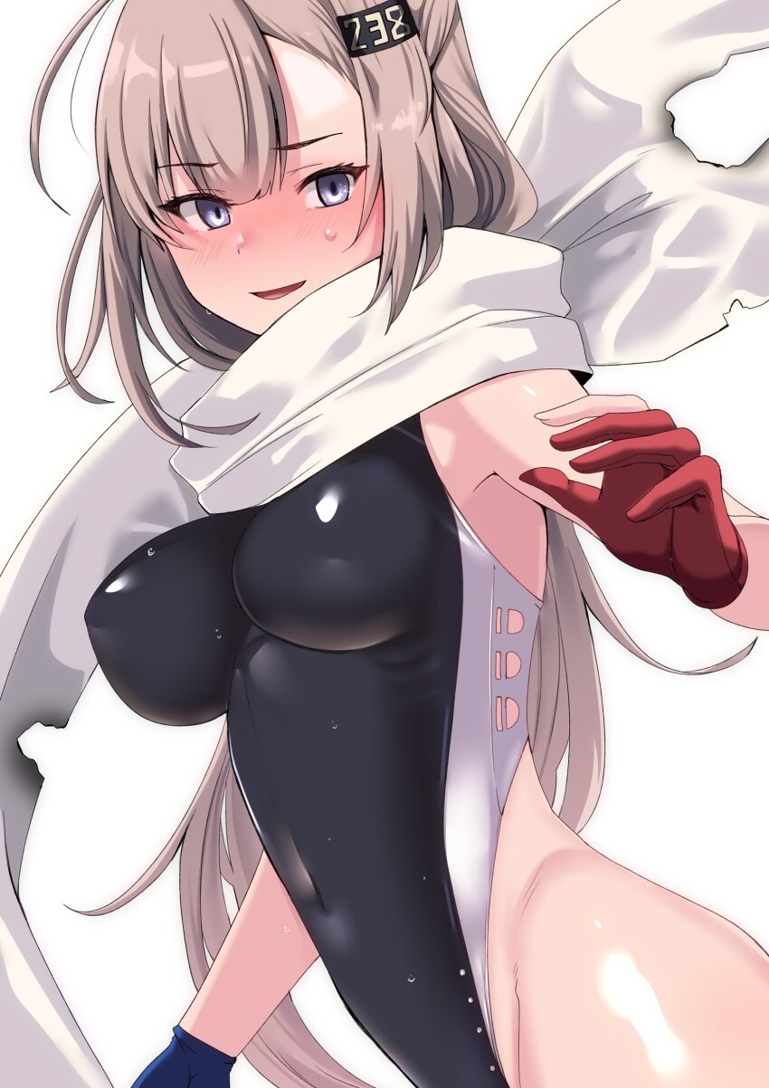 1girl black_one-piece_swimsuit blue_gloves blush breasts burnt_clothes gloves grey_eyes grey_hair hair_ornament headgear highleg highleg_one-piece_swimsuit highres impossible_clothes impossible_swimsuit kantai_collection long_hair looking_at_viewer medium_breasts one-piece_swimsuit partially_fingerless_gloves red_gloves scarf simple_background skin_tight solo swimsuit taut_clothes tirasi_(so) torn_clothes torn_scarf two-tone_one-piece_swimsuit wahoo_(kancolle) white_background white_scarf