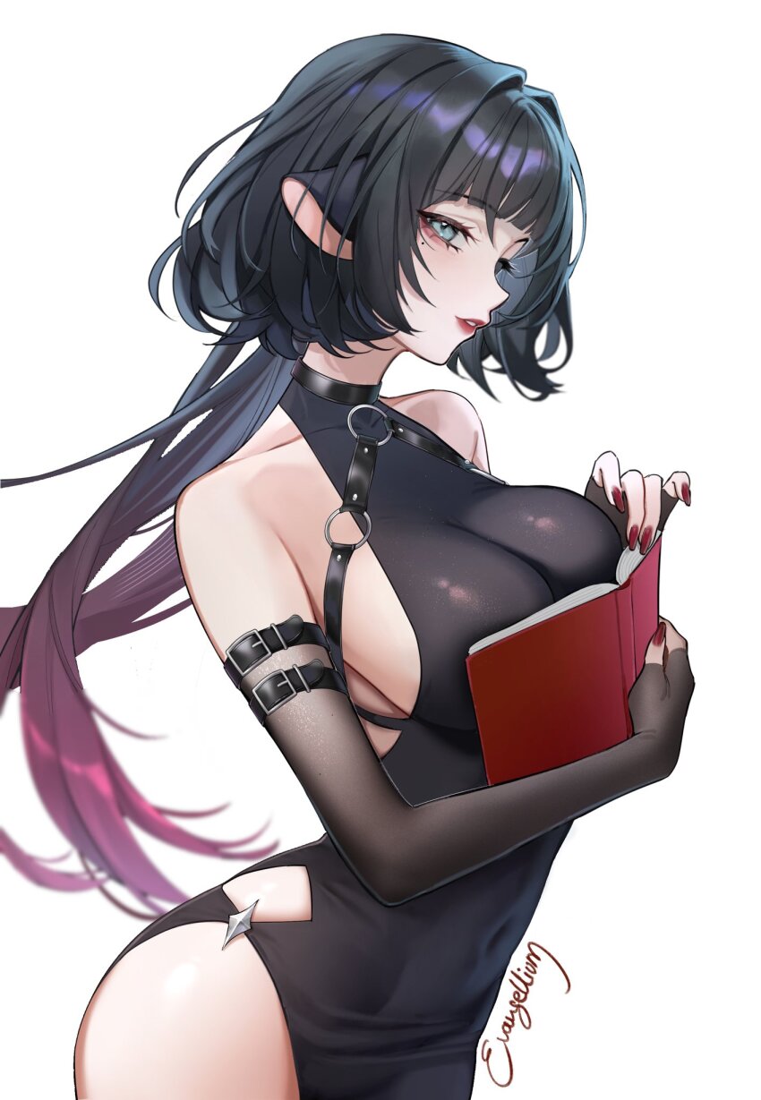 1girl alternate_costume animal_ears artist_name black_dress black_hair boobs_in_book_(meme) book breasts commentary covered_navel dress evangellium from_side green_eyes highres holding holding_book jane_doe_(zenless_zone_zero) large_breasts long_hair meme mouse_ears mouse_girl multicolored_hair no_tail red_hair red_nails sideboob simple_background solo thighs two-tone_hair white_background zenless_zone_zero