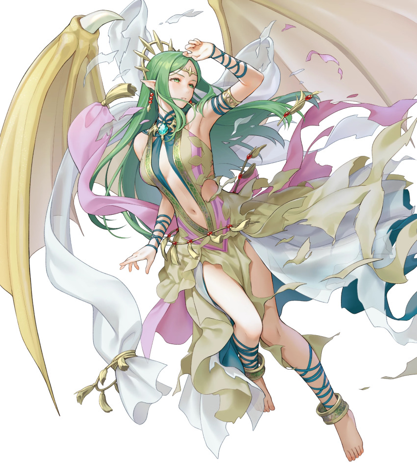 1girl anklet armlet barefoot breasts cleavage clothing_cutout damaged dragon_girl dragon_wings dragonstone dress earrings female_focus fire_emblem fire_emblem:_mystery_of_the_emblem fire_emblem:_shadow_dragon_and_the_blade_of_light fire_emblem_heroes green_dress green_eyes green_hair highres jewelry long_hair matching_hair/eyes medium_breasts naga_(fire_emblem) naga_(ruler_of_dragons)_(fire_emblem) navel navel_cutout nintendo non-web_source official_alternate_costume official_art pendant plunging_neckline pointy_ears shawl small_breasts solo tiara torn_clothes torn_dress wings