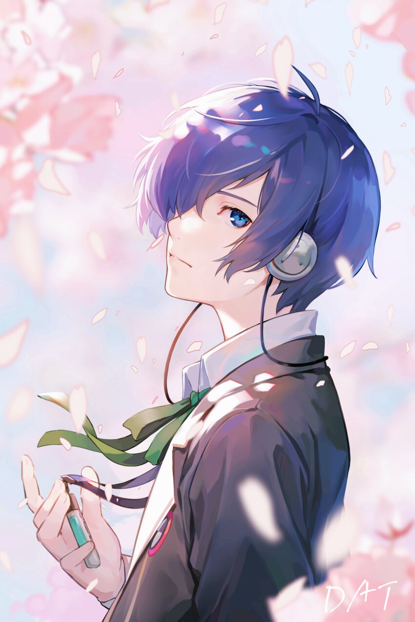 1boy absurdres artist_name black_jacket blue_eyes blue_hair cherry_blossoms closed_mouth collared_shirt commentary_request da-cart expressionless flower gekkoukan_high_school_uniform green_ribbon hair_over_one_eye highres jacket looking_at_viewer male_focus neck_ribbon one_eye_covered open_clothes open_jacket persona persona_3 petals pink_flower ribbon school_uniform shirt solo white_shirt yuuki_makoto_(persona_3)