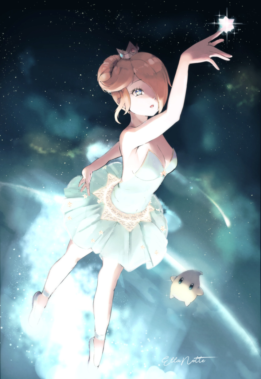 1girl absurdres alternate_costume alternate_hairstyle arm_behind_back arm_up ballerina blonde_hair crown ellanotte hair_over_one_eye hair_up highres luma_(mario) mario_(series) nintendo open_mouth rosalina skirt solo space super_mario_galaxy