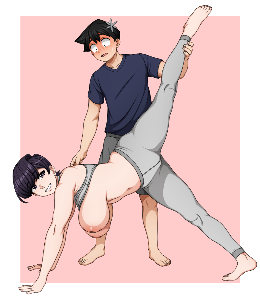 1boy 1girl absurdres black_eyes black_hair blue_shirt blush breasts cameltoe grey_pants grey_shorts grey_sports_bra grin highres inverted_nipples komi-san_wa_komyushou_desu komi_shuuko large_breasts mature_female navel nipples pants sagging_breasts shirt short_hair shorts smile sockinajar sports_bra sweat tadano_hitohito teeth yoga_pants