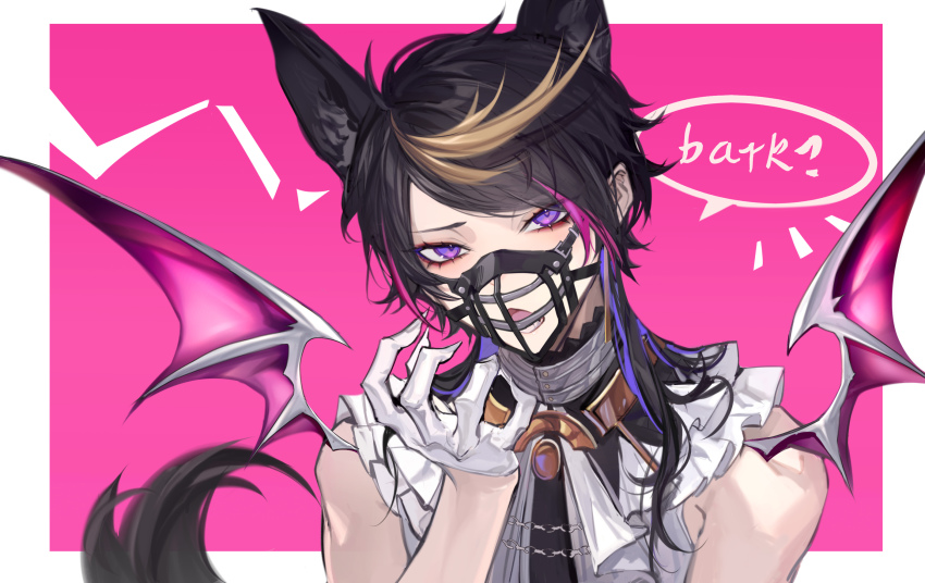 1boy animal_ears black_hair blonde_hair border chinese_commentary collar colored_inner_hair commentary_request demon_wings eyeshadow fingernails gloves hand_up highres kemonomimi_mode looking_at_viewer makeup male_focus metal_collar multicolored_hair muzzle nijisanji nijisanji_en open_mouth outside_border pink_background pink_hair portrait purple_eyes purple_hair qingyu red_eyeshadow sharp_fingernails short_hair_with_long_locks shu_yamino shu_yamino_(1st_costume) simple_background solo speech_bubble streaked_hair swept_bangs tail virtual_youtuber white_border white_gloves wings wolf_boy wolf_ears wolf_tail