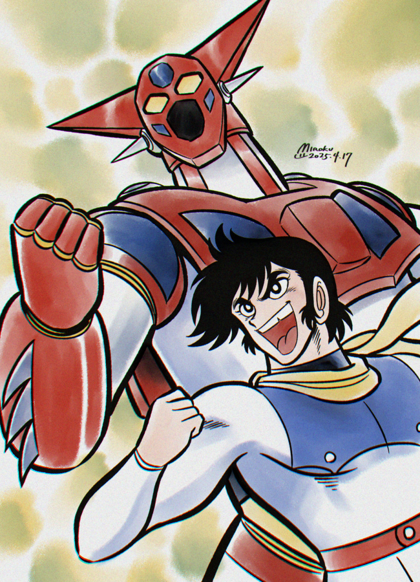 1970s_(style) 1boy arm_blade armor belt black_eyes black_hair blue_bodysuit bodysuit bright_pupils clenched_hand getter-1 getter_robo getter_robo_(classic) hand_up head_spikes highres ishikawa_ken_(style) male_focus mecha mecha_focus miroku_(miroku_t) multicolored_armor nagare_ryoma official_style oldschool open_mouth red_armor red_belt retro_artstyle robot scarf short_hair smile super_robot teeth tooth_gap two-tone_bodysuit upper_body upper_teeth_only weapon white_armor white_pupils yellow_eyes yellow_scarf
