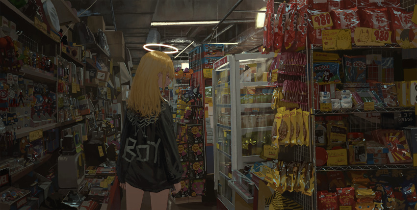 1girl blonde_hair blue_eyes box captain_america charm_(object) commentary copyright_name cowboy_shot deadpool deadpool_(series) english_commentary figure food from_behind halo highres indoors iron_man kagumanikusu loki_(marvel) long_hair long_sleeves marvel mickey_mouse_&amp;_friends original price_tag scenery shelf solo spider-man toy