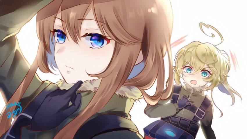2girls ahoge arm_up belt black_belt black_gloves blonde_hair blue_eyes blue_hair blush brown_hair closed_mouth colored_inner_hair dated floating_hair fur_trim gloves green_jumpsuit hair_between_eyes hand_on_own_chest hand_up high_ponytail highres huge_ahoge jumpsuit long_hair looking_at_another looking_at_viewer lovestruck military_uniform multicolored_hair multiple_girls open_mouth ponytail sidelocks signature simple_background suitcase tanya_degurechaff upper_body v-shaped_eyebrows viktoriya_ivanovna_serebryakov white_background youda_(seravichacha) youjo_senki yuri zipper