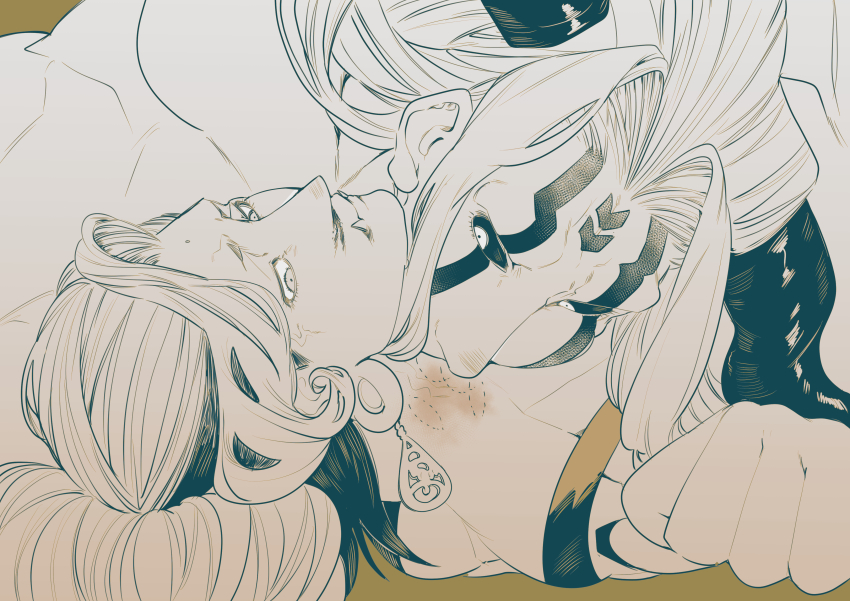 2boys absurdres bindi bite_mark bite_mark_on_neck bite_mark_on_shoulder bite_marks biting buddha_(shuumatsu_no_valkyrie) closed_mouth demon_boy demon_horns facial_mark facial_tattoo fangs forehead_mark greyscale hair_bun hajun_(shuumatsu_no_valkyrie) highres horns jewelry long_hair looking_at_another loose_hair_strand lower_teeth_only lying male_focus monochrome multicolored_hair multiple_boys muscular muscular_male muscular_uke nanako_nuchitsu neck_biting on_back shuumatsu_no_valkyrie size_difference tank_top tattoo teeth yaoi