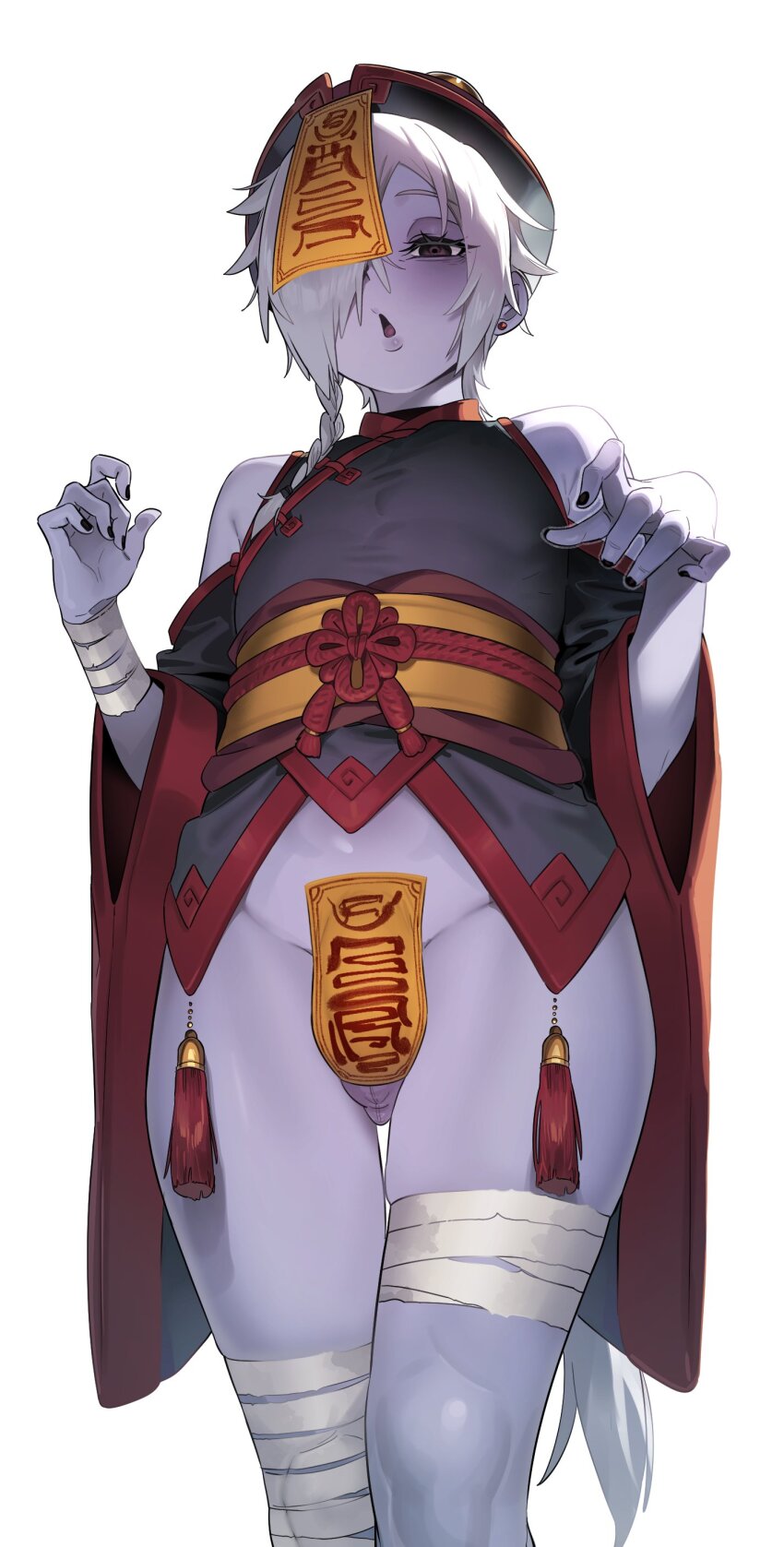 1boy :o absurdres bandaged_leg bandages black_dress black_hat black_nails black_shirt braid china_dress chinese_clothes clothing_cutout colored_skin commentary_request cowboy_shot dress earrings eyelashes half-closed_eyes hands_up hat highres in_(ain) jewelry jiangshi korean_commentary long_hair male_focus ofuda ofuda_on_head ofuda_on_penis original parted_lips purple_eyes purple_skin qingdai_guanmao sash shirt shoulder_cutout side_braid solo stud_earrings tassel testicles variant_set white_hair wide_sleeves