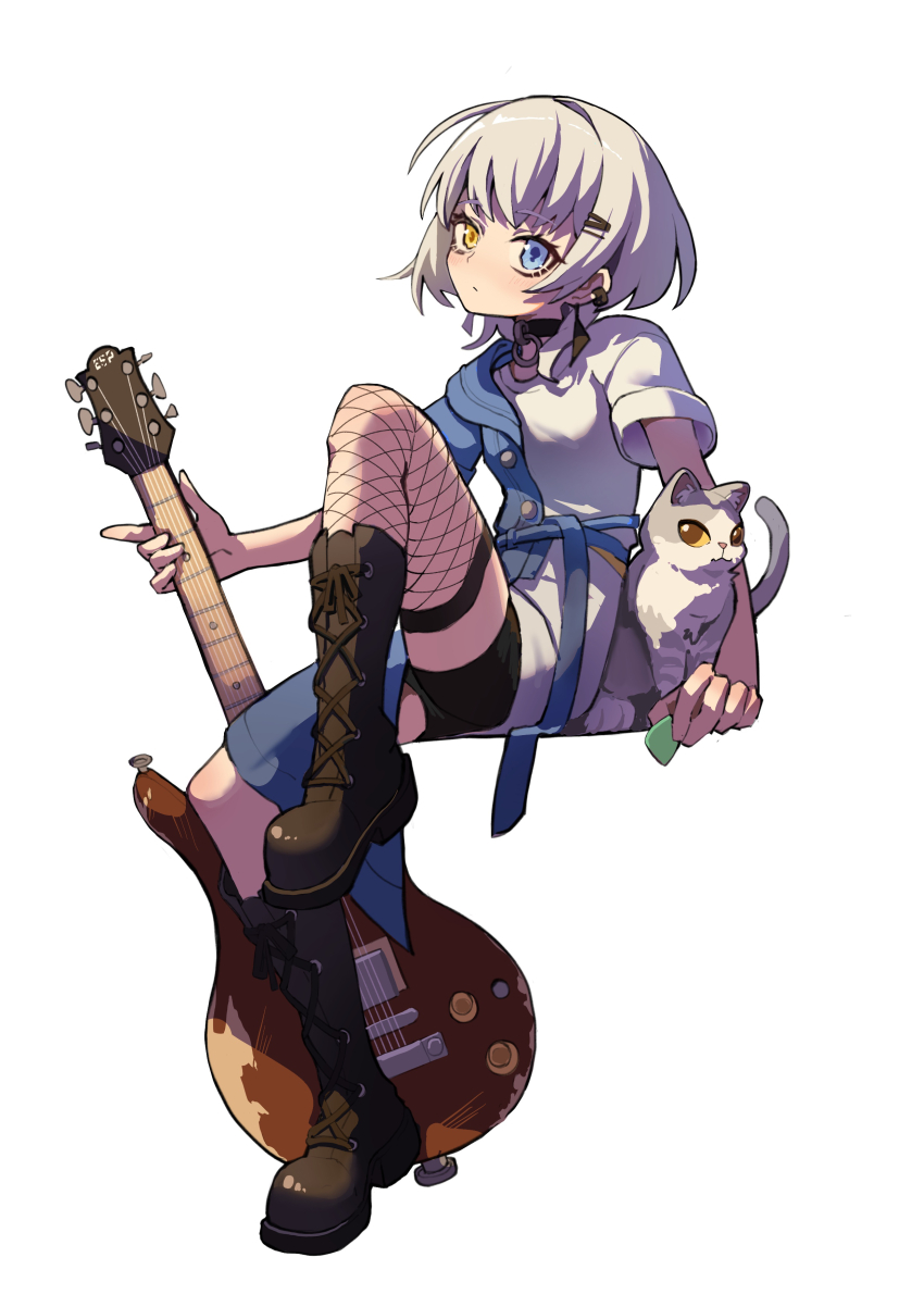1girl absurdres bang_dream! bang_dream!_it&#039;s_mygo!!!!! black_boots black_choker black_shorts blue_eyes boots cat choker closed_mouth commentary ear_piercing earrings electric_guitar fishnet_thighhighs fishnets guitar hair_ornament hairclip heterochromia highres holding holding_plectrum instrument invisible_chair jewelry kaidouzy kaname_raana piercing plectrum raana_the_cat shirt short_hair short_sleeves shorts simple_background single_thighhigh sitting solo thighhighs white_background white_hair white_shirt yellow_eyes